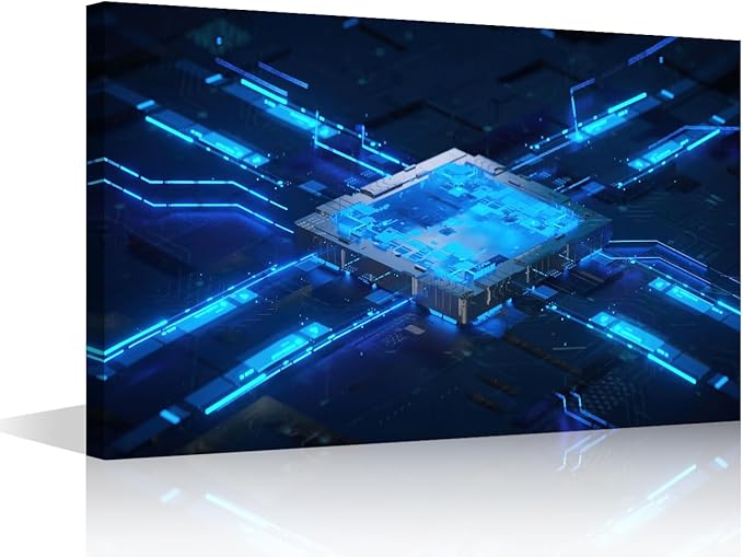 TUMOVO Canvas Art Wall Decor CPU Concept Bedroom Wall Art Pictures for Living Room Digital Chip Wall Painting Central Computer Processors Modern Wall Art Stretched and Framed Ready to Hang 18x12in