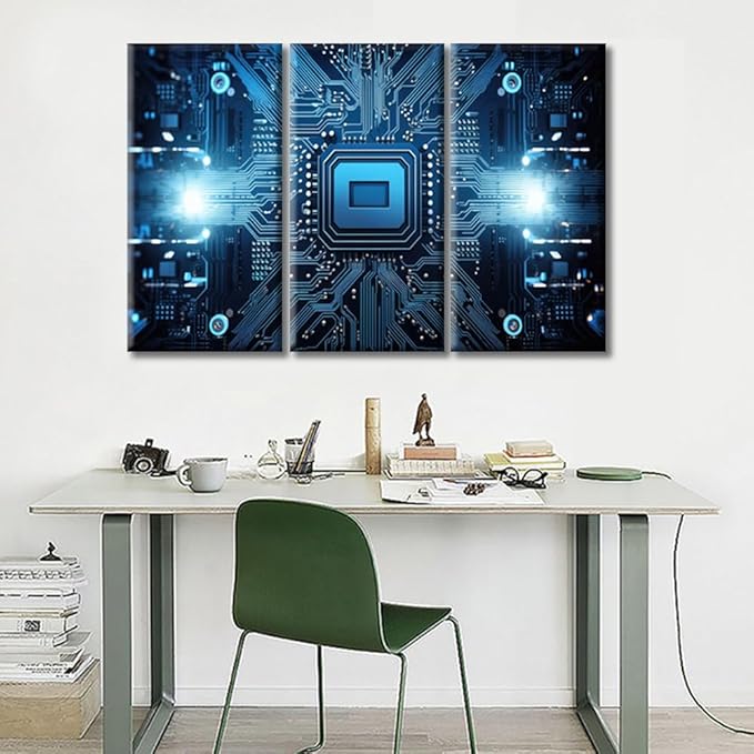 Wall Art Motherboard Digital Chip Framed Wall Art 3D Technology Motherboard Modern Art Quantum Computer Wall Art for Living Room Bedroom Office Wall Decor Framed Ready to Hang (36"Wx24"H)