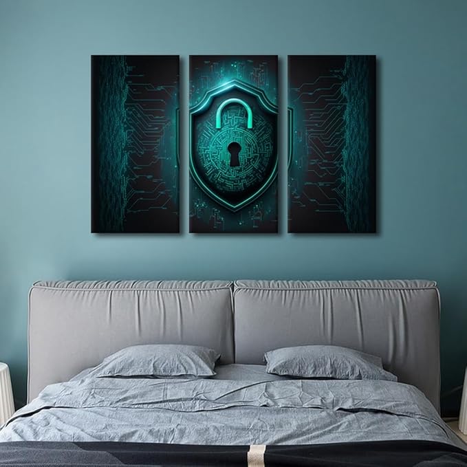 3 Panel Framed Wall Art Colorful Cybersecurity Internet Network Locker Technology for Bedroom Living Room Wall Decoratio, Giclee Artwork Gallery-Wrapped Ready to Hang, 36" Wx24 H