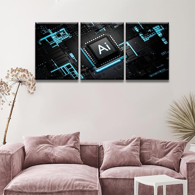 LSIUHWUWI Wall Art for Living Room 3 Piece Artificial Intelligence Processor Smart Microchip Pictures Print on Canvas Wall Art, CPU Artwork Ready to Hang, 12x16inchx3