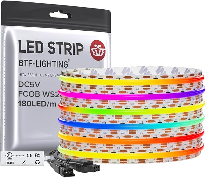 BTF-LIGHTING FCOB COB WS2811(WS2812B) IC RGB 180LED/m 900IC LED Strip DC5V 16.4FT Individual Addressable Flexible High Density Uniform Light Dream Chasing Color 10mm Width(NO Adapter or Controller)