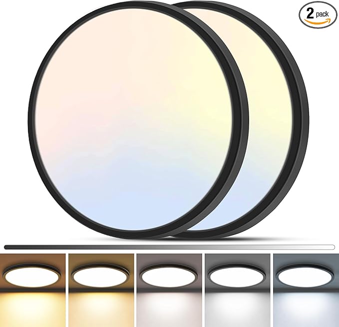 zemty 2Pack LED Flush Mount Ceiling Light, 12Inch 24W Dimmable Ceiling Lights Fixture, 5 Color Temperatures (3000K-6500K) Black Round Ceiling Lamp for Bedroom, Kitchen, Hallway,Bathroom
