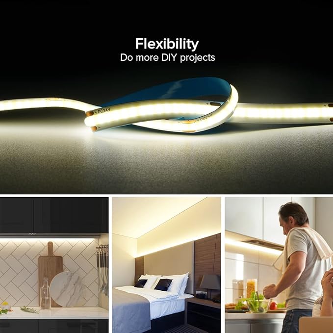 16.4FT DC12V COB LED Strip 4000K Natrual White 320LEDs Flexible High Density Uniform Bright Light Strip 9W/m, Dimmable LED Light for DIY Kitchen Bedroom Home Decor, No Power and Controller
