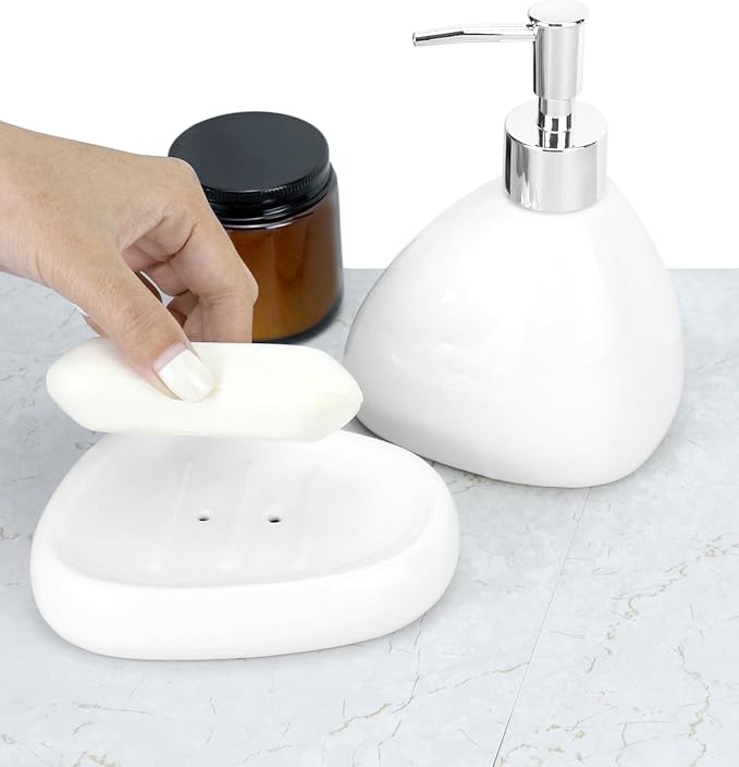QWORK Elegant White Ceramic Bathroom Accessory Set – Modern Teardrop-Shaped 4-Piece Ensemble – Includes Soap Dispenser, Tumbler, Toothbrush Holder, and Soap Dish for Stylish Home Decor