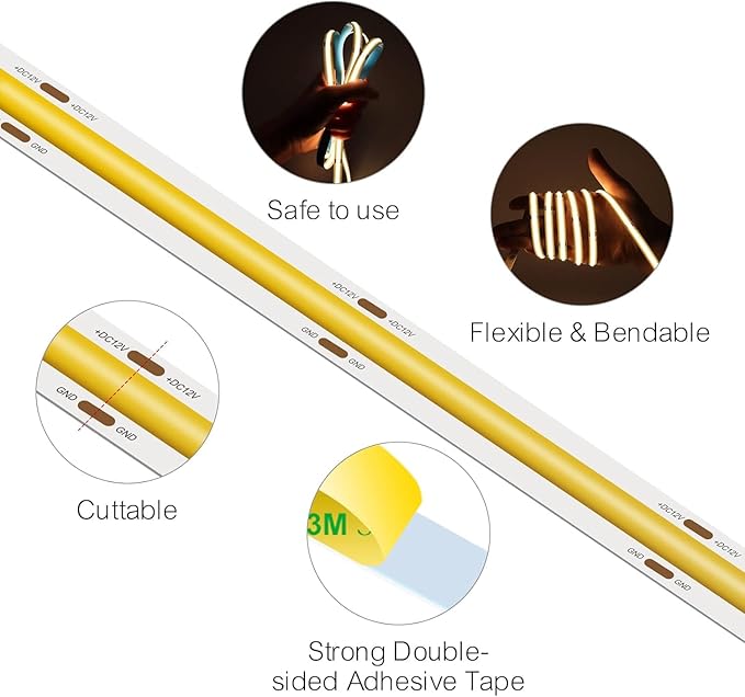 COB LED Strip Light, IP30 DC24V 6000K High Density Uniform Light 480LEDs/M Super Bright CRI>90 16.4ft Tape Dotless Cuttable Flexible for Cabinet Home Indoor DIY Lighting (No Power or Controller)