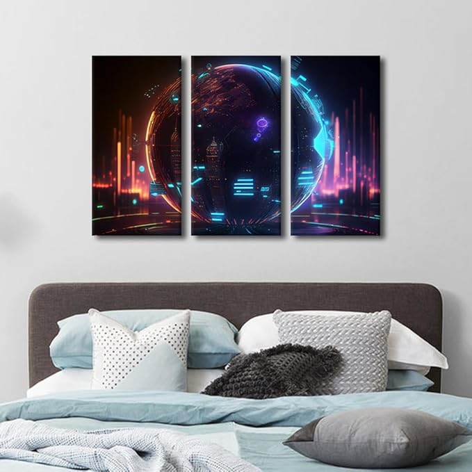 3 Panel Canvas Wall Art Cyber Space 3D Posters and Prints, Digital World Artwork for Home Office Wall Decoration, Giclee Wooden Framed Gallery-Wrapped Ready to Hang, 36" Wx24 H