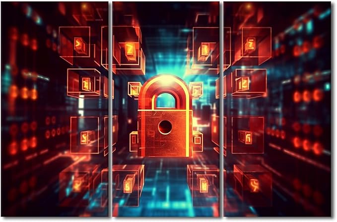TUMOVO Cybersecurity Wall Art 3 Panel Digital Image of Padlock Cyber Security Background Pictures Print on Canvas for Living Room Bedroom Decoration Stretched Framed Ready to Hang, 42" Wx28 H