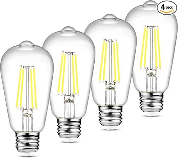 Ascher Vintage LED Edison Bulbs, 6W, Equivalent 60W, Non-Dimmable, Daylight 5000K, 700Lumens, ST58 Antique LED Filament Bulbs with 80+ CRI, E26 Medium Base, Clear Glass, Pack of 4