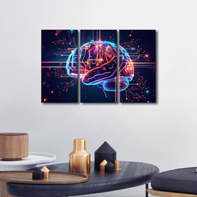 TUMOVO Artificial Intelligence, Cyber Security, Cloud Managed, Circuit Board Pictures Print on Canvas 3 Panel Canvas Wall Art AI Brain Cloud Networking Artwork Ready to Hang, 36" Wx24 H