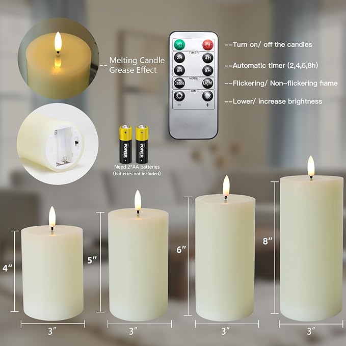 Lezonic Ivory LED Flameless Candles with Remote Timer, 4 Pack Battery Operated Candles Flickering, Grease Design Real Wax Pillar for Wedding Decor, Centerpiece, Birthday Gifts (4/5/6/8 Inch)