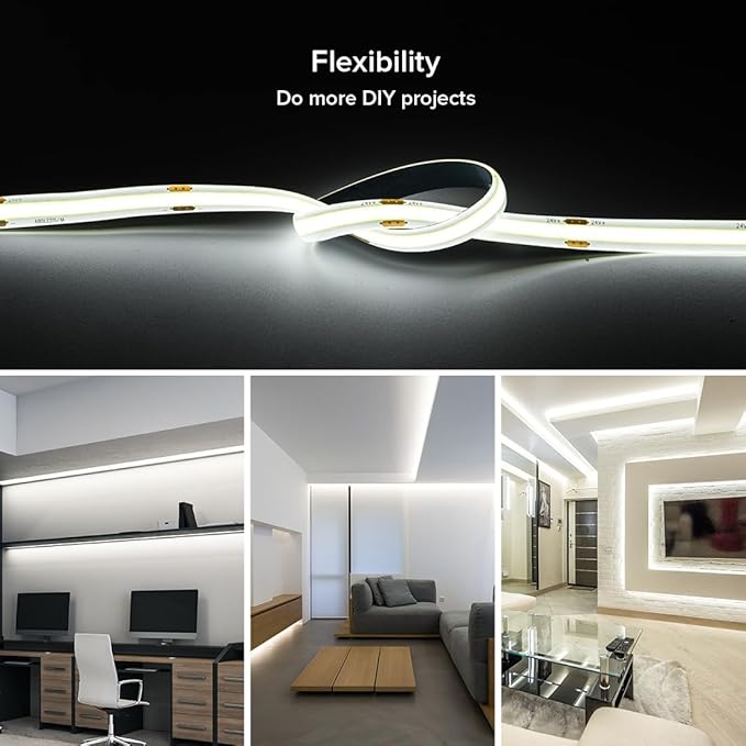 16.4FT COB LED Strip Light IP65 Waterproof DC24V 6000K Daylight White Dimmable Strips, 320LEDs/m High Density Flexible Uniform Lights for DIY Home Decor, Cabinet, No Adapter/Controller