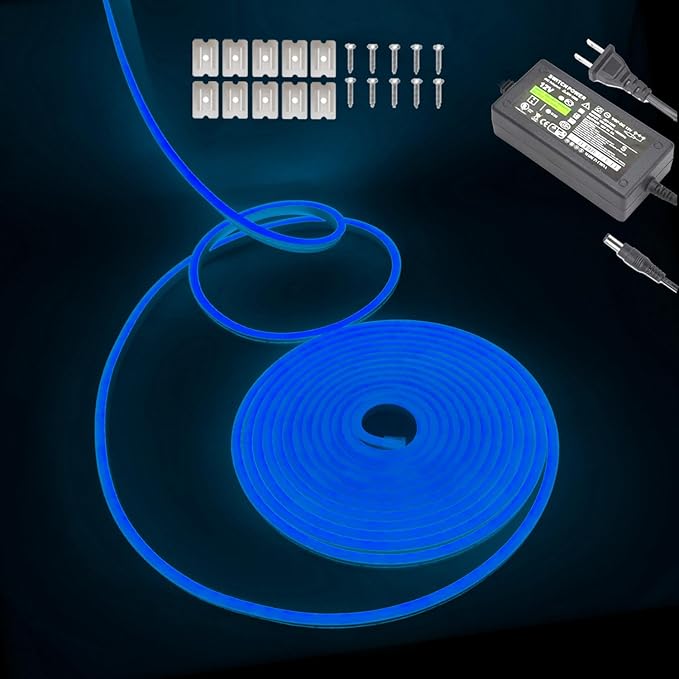 Blue Neon LED Strip Light, 16.4ft/5M Flexible Rope Light - 12V DC, 600 LEDs, Waterproof for Indoor & Outdoor Home Decor (Include Power Adapter)