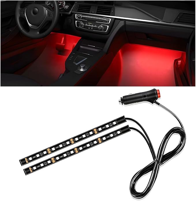 Car Interior LED Strip Light, 12V 24 LED Neon Ambient Night Light with Cigarette Lighter Plug, Automotive Atmosphere Decorative Under Dash Lighting Kit, Car Accessories (Red)