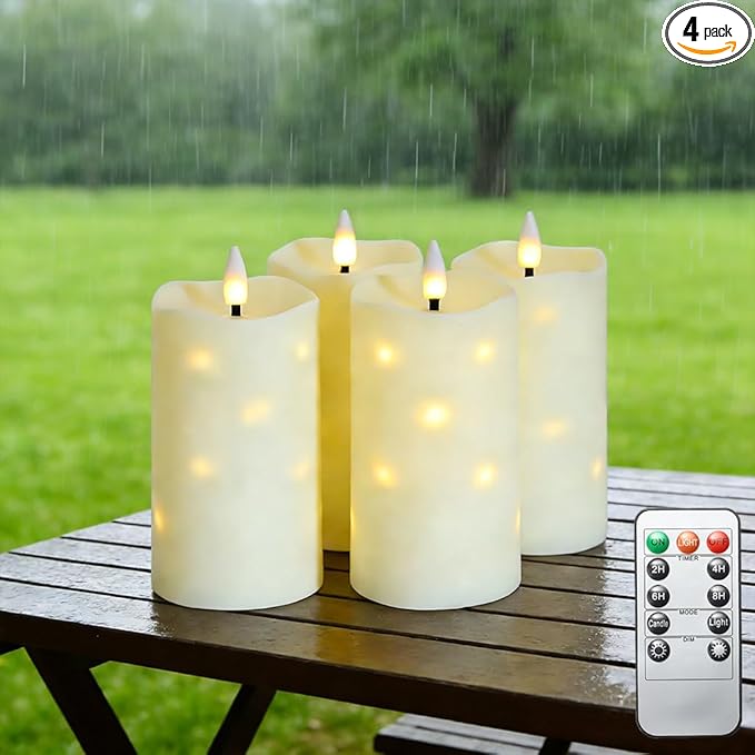 Lezonic Flameless Waterproof Outdoor Candles with Flickering Dancing Flame, 4Pcs Battery Operated Candles with Remote, Ivory LED Pillar Built-in String Lights for Patio Wedding Decor, 3.25" x 6"