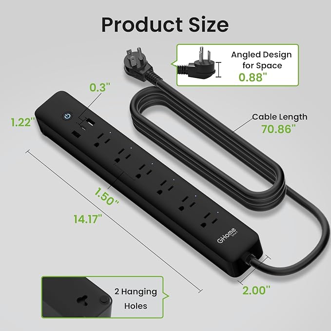 GHome Smart Power Strip 15A, 2.4G WiFi Smart plugs that work with Alexa & Google Home, Surge Protector Flat Plug with 6 APP Control WiFi outlets, FCC Listed, 7.18 ft flat extension cord, No Hub Needed