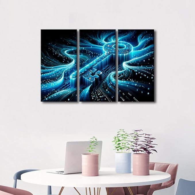 TUMOVO 3 Panel Canvas Wall Art Abstract Cyber Security Concept with Key and Binary Code Pictures Prints, Concepts Artwork for Bedroom Living Room Decoration, Framed Ready to Hang, 36" Wx24 H