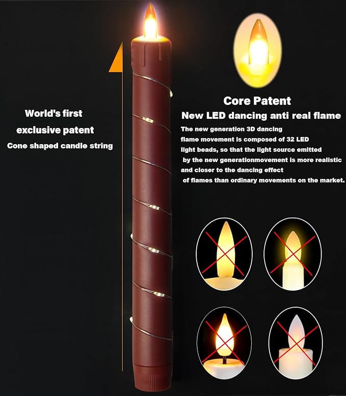 Danip Christmas red flameless Candle with String Light Window Candles with Remote Timer Battery Operated Taper Candle LED Pillar Candles Set of 6