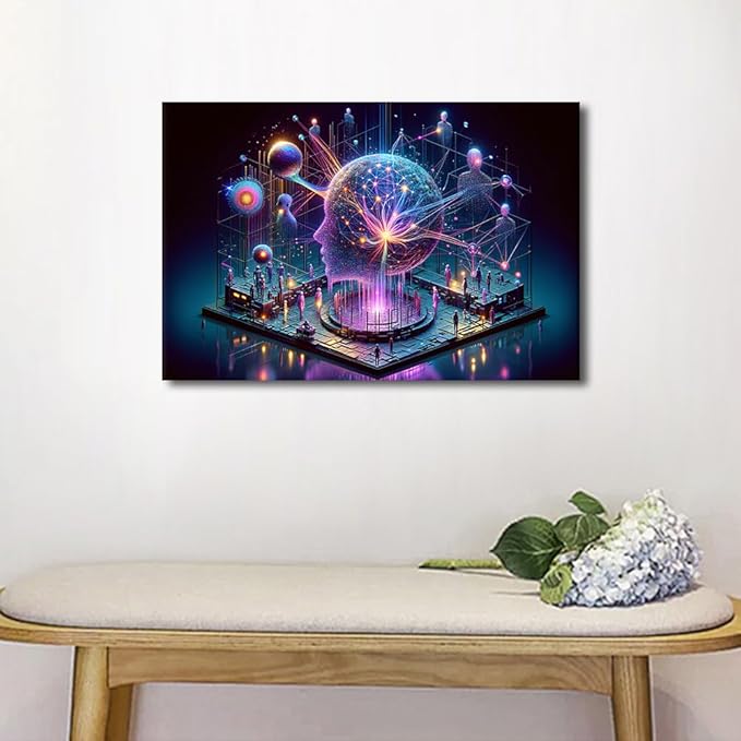 Human Brain Artificial Intelligence Picture Wall Decor Neural Network Paintings Canvas Wall Art Framed Modern Home Decor for Living Room Posters and Prints 16" Wx24 Hx1 Panel