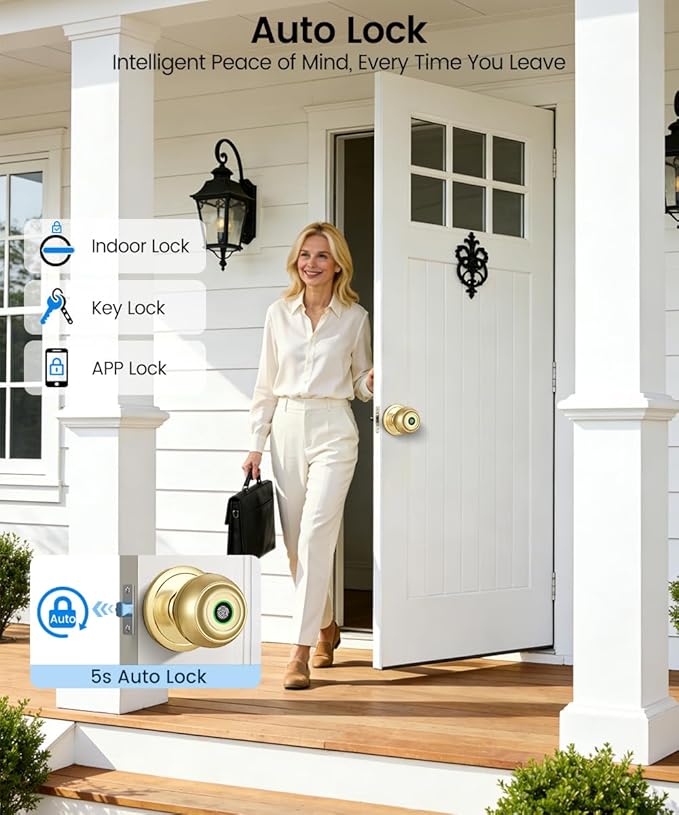 Fingerprint Door Lock, Smart Fingerprint Door Knob with Lock, Biometric Door Locks with App Control & Key, Keyless Thumbprint Entry Door Locks for Bedroom, Front Door, Home, Apartment-Brass