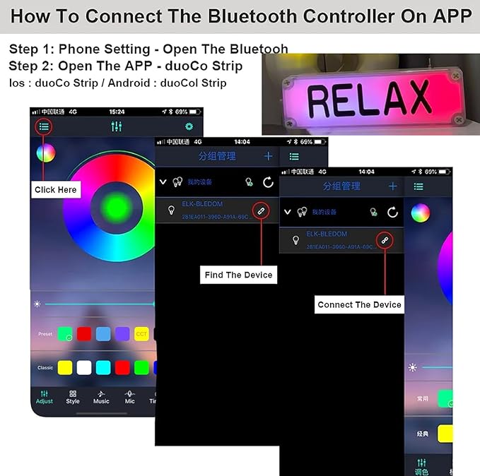 Relax Sign Lights Smart LED RGB Gaming USB Rechargeable Battery 16 Million Colors 213 Preset Modes App Control Dynamic Music Sync Mode for Studio/Home Studio/Company/Desk or Wall Decor