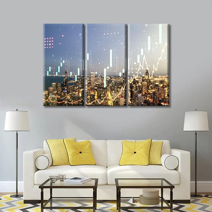 3 Panels Abstract Virtual Financial Graph Hologram on Chicago Cityscape Background Financial and Trading Concept Pictures Wall Art for Bedroom, Living Room, Office. Framed Ready to Hang (42"Wx28"H)