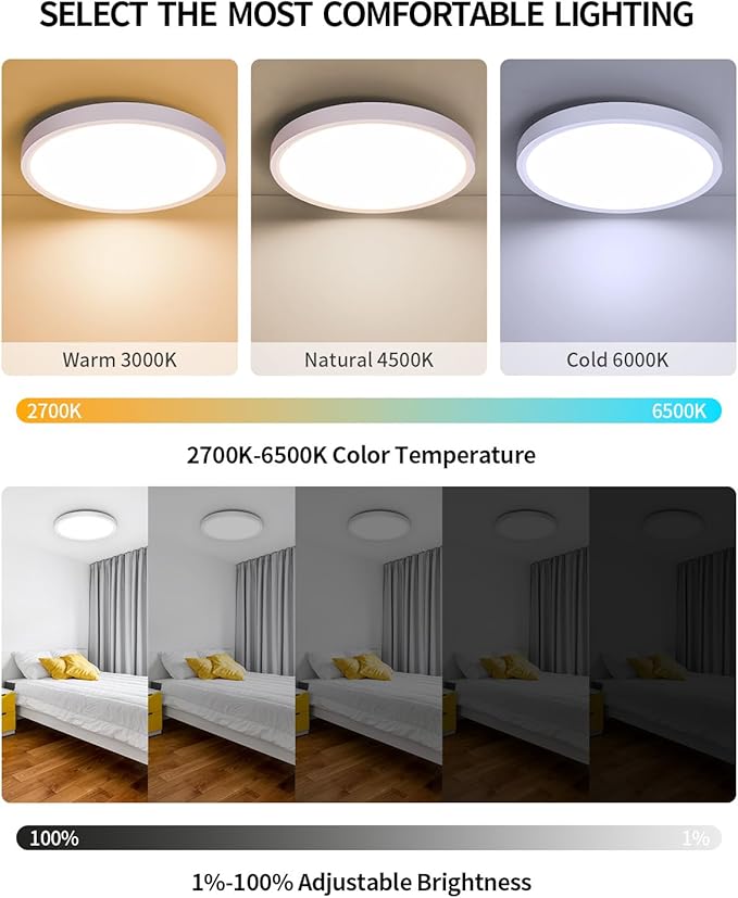Flush Mount 12 Inch LED Ceiling Light Fixture, 24W Super Slim Ceiling Lamp with Remote, 2400LM Dimmable Brightness, 2700K-6500K Adjustable Color Temperature, for Bedroom Living Room Kitchen Office