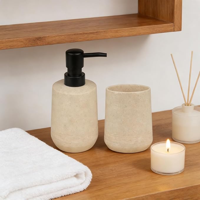 Bathroom Accessories Set, 2Pack Soap Dispenser & Toothbrush Holder in Warm Beige, Handcrafted Resin Texture, Minimal Boho Decor for Vanity & Bathroom Cabinet