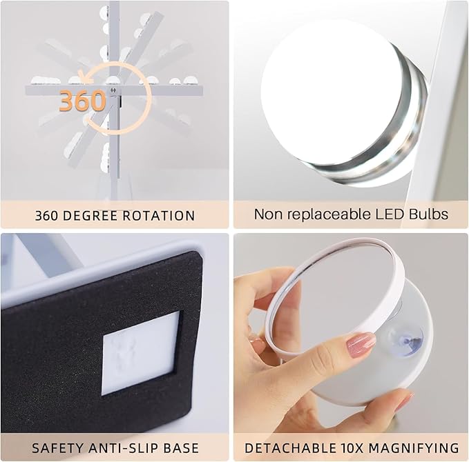 FENCHILIN Lighted Vanity Makeup Mirror with Lights Hollywood Mirror Desk Mirror with Bulbs Light Smart Touch Control 3Colors Dimmable Light Detachable 10X Magnification 360°Rotation