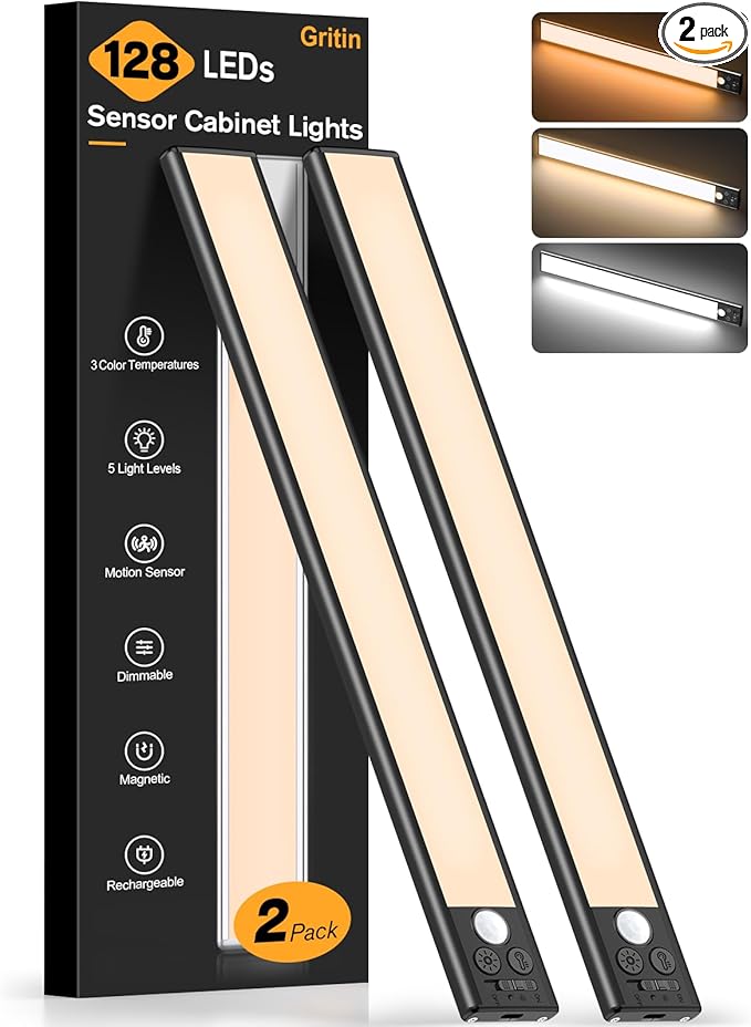 Gritin 14.7inch Under Cabinet Lighting Rechargeable 2 Pack- 3 Color Temps&5 Level Brightness, Super Bright, 4 Modes, Motion Sensor, Long Lasting - Easy Installation Magnetic Under Closet Lights-Black