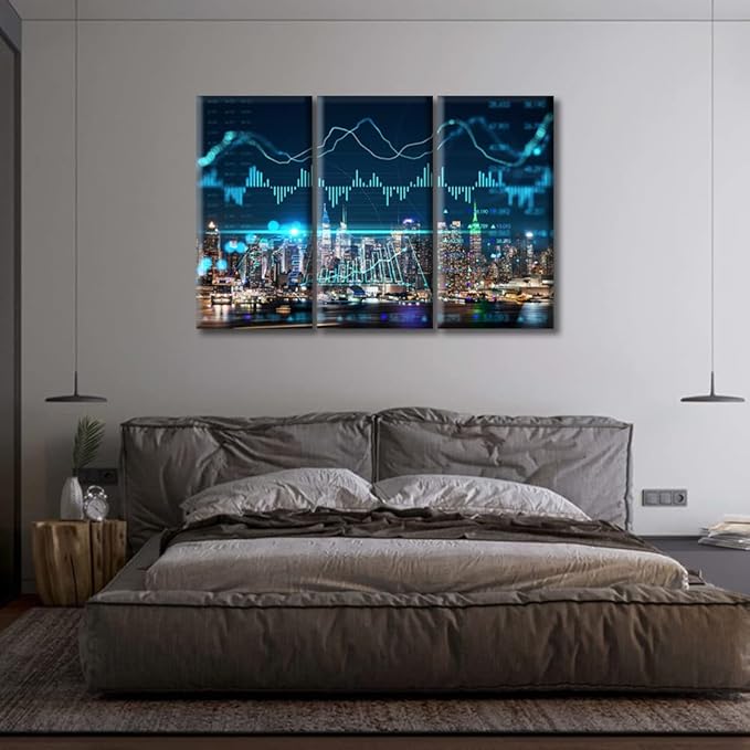 New York Forex Graph Hologram Home Decor Art Prints Living Room Wall Decor 3 Panel Concept of Internet Trading Brokerage Artwork Modern Home Decor Print on Canvas Framed Ready to Hang (36"Wx24"H)