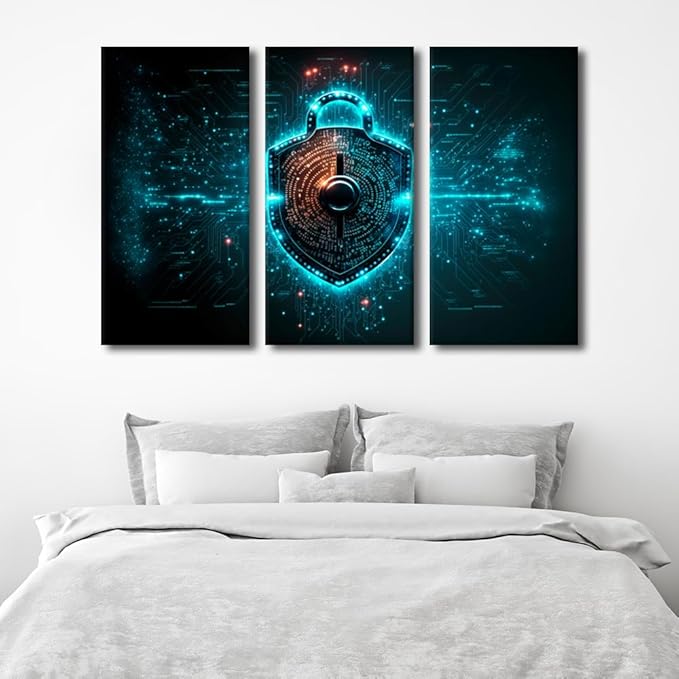 Modern Wall Art 3 Panel Binary Code Lock Pictures Print on Canvas for Living Room Wall Decoration, Framed Wall Art Conceptual Artwork Gallery-Wrapped Ready to Hang, 60" Wx40 H
