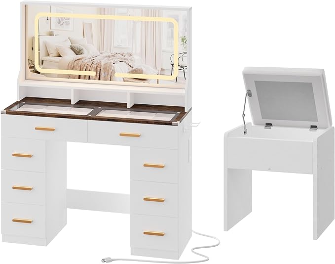 IDEALHOUSE Vanity Desk with Mirror and Lights, Makeup Table with Glass Top & 8 Drawers, 3-Color LED Mirror, Power Outlets & USB, Hair Dryer Holder, Stool Included, Dressing Table Set for Bedroom