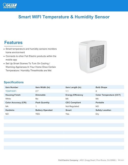 Feit Electric Smart Indoor WiFi Temperature and Humidity Sensor for Precision Environment Control, Wireless, Digital Remote App Control, Get Notification Alerts and No Hub Required - Temp/WiFi