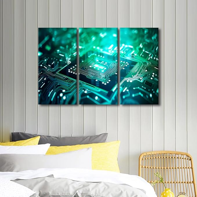 TUMOVO Semiconductor Chip Wall Pictures for Living Room Wall Decoration Chip Wall Art Large Wall Decor Circuit Board Canvas Wall Art 3 Pieces Artwork Wall Decor Framed Ready to Hang, 36" Wx24 H