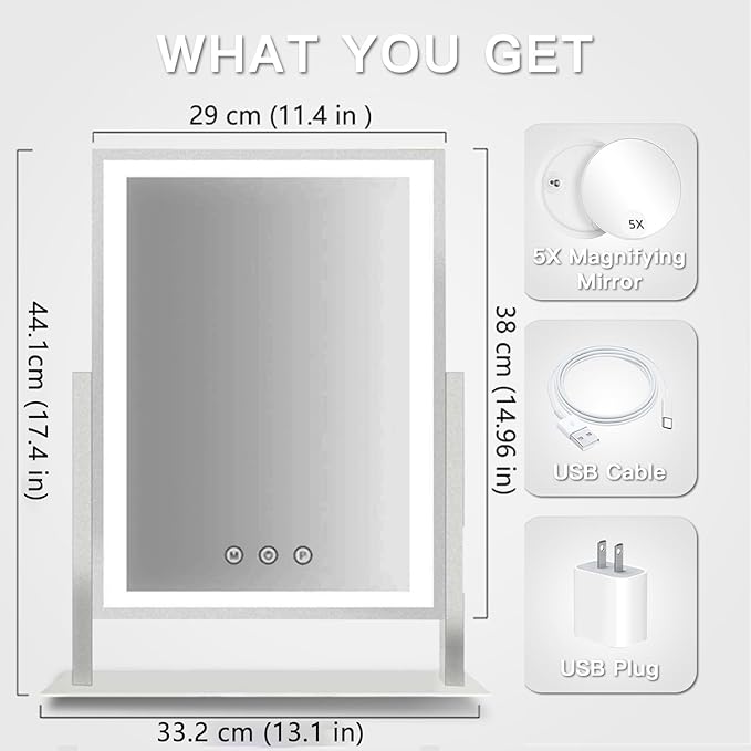 HIEEY Lighted Makeup Mirror, 17.3" x 13" Hollywood Vanity Mirror with Lights, Three Color Lighting Modes, and 5X Magnification Mirror, Smart Touch Control, 360°Rotation (White,Gift Box)