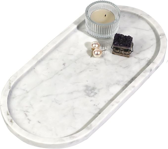 Marble Vanity Tray Organizer - 9.8"x5" Italy Natural Stone Decorative Tray，Jewelry, Perfume & Candle Display Tray，Bathroom Vanity, Dresser Top, Nightstand Decor