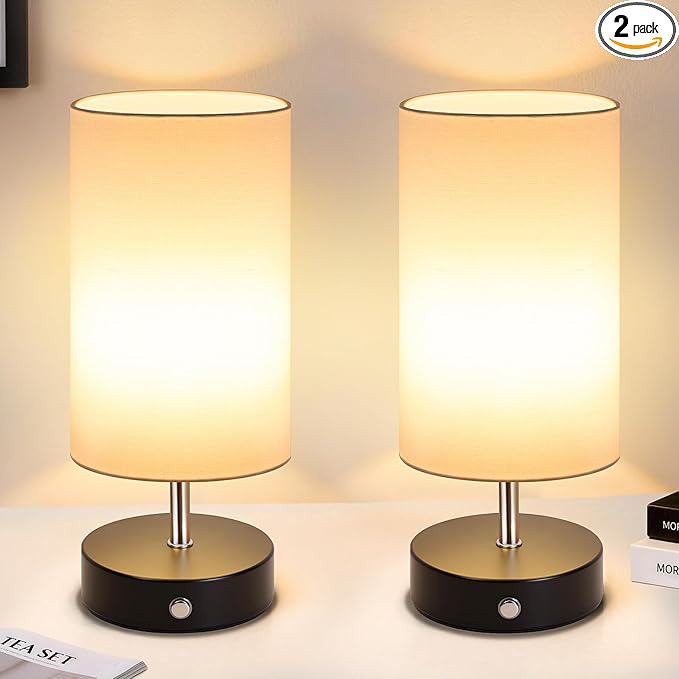 2-Pack Cordless Table Lamps, Black Rechargeable Bedside Lamps Dimmable, Portable 6000mAh Battery Operated LED Desk Lamps, Modern Touch Control Wireless Lamps, Small Lamps for Bedroom, White Shade