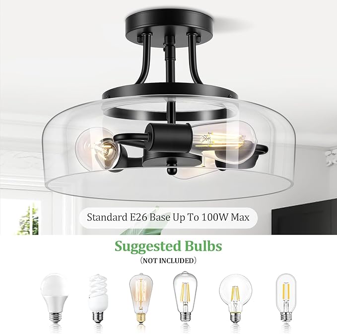 Modern Industrial Semi Flush Mount Ceiling Light with Clear Glass Shade, 3-Bulb Black Ceiling Light Fixture for Kitchen Bedroom Living Room Porch Hallway Entryway, E26 Socket, Bulbs Not Included