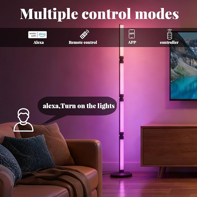 LED RGB Corner Floor Lamp Foldable Floor Light 2200K-6500K Tunable White with 16 Million Custom Colors Remote/App,Timer Setting (RGB Foldable Floor Lamp with Alexa Voice Control)