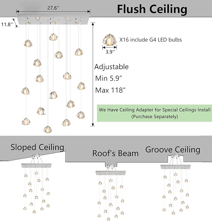 Crystal Rectangular LED Chandelier for Living Dining Room Light Dimmable High Ceiling Pendant Lights Fixtures Lighting Chandeliers for Foyer Entryway Lighting Polished Chrome