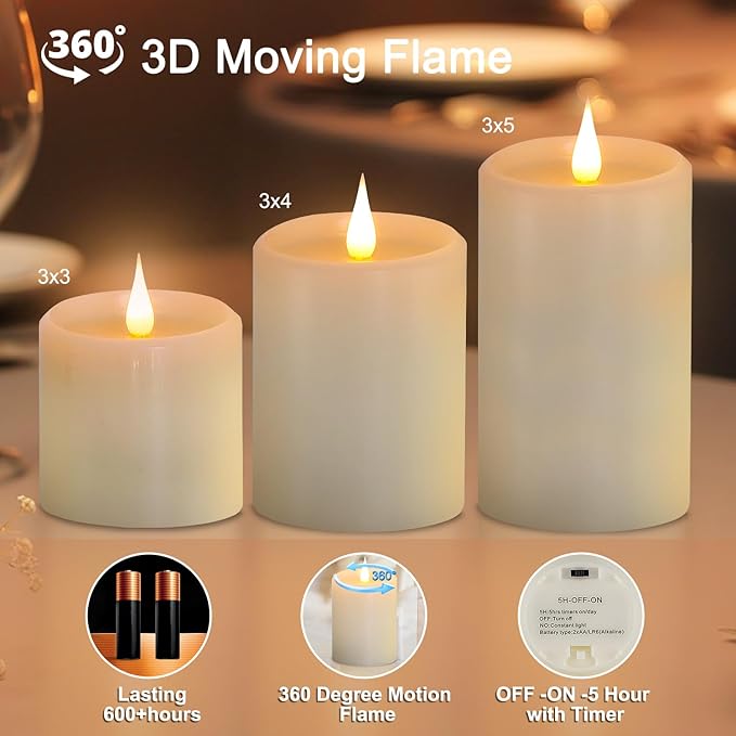 Flickering Flameless Candles with 3D Moving Flame, Real Wax Battery Operated Candles with Timer and Remote, Last 600+ Hours, D3×H3 4" 5" LED Fake Candles for Home Wedding Decor, 3 Pack