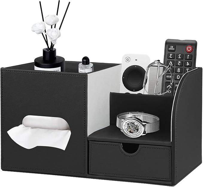 Leather Nightstand Organizer with Tissue Holder,Square Tissue Box Cover with Organizer, Decorative Modern Facial Paper Storage Box for Bathroom Living Room Vanity Table Countertop Office Black