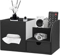 Leather Nightstand Organizer with Tissue Holder,Square Tissue Box Cover with Organizer, Decorative Modern Facial Paper Storage Box for Bathroom Living Room Vanity Table Countertop Office Black