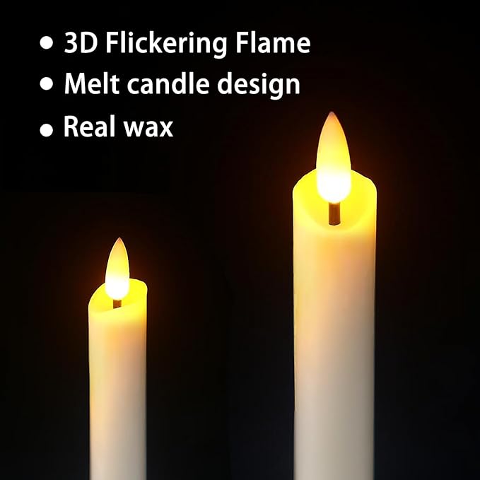 salipt Flameless Ivory Taper Candles Flickering with Timer and 10-Key Remote, Battery Operated LDE Warm 3D Wick Light Window Candles Real Wax Pack of 4, Christmas Home Wedding Decor(0.78" X 9.64")