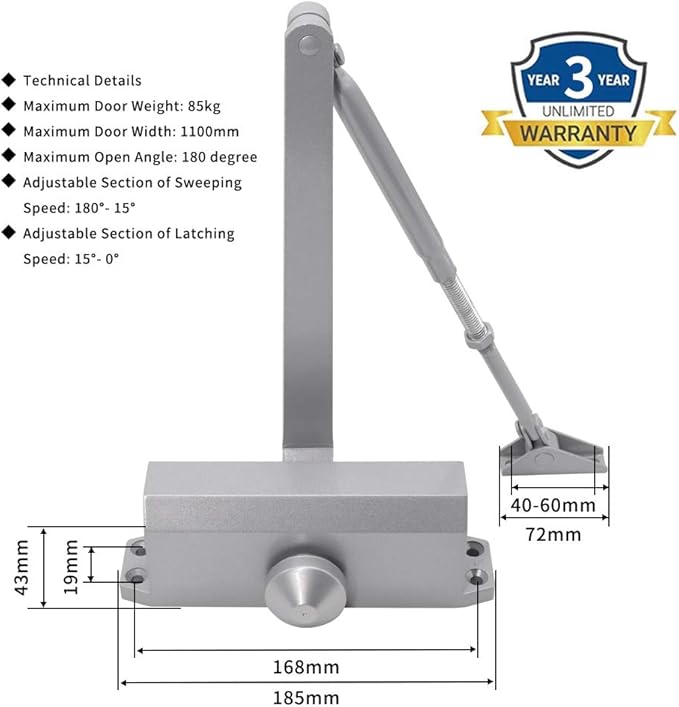 MARIE Adjustable Automatic Size 4 Spring Hydraulic Door Closer for Residential and Commercial Use