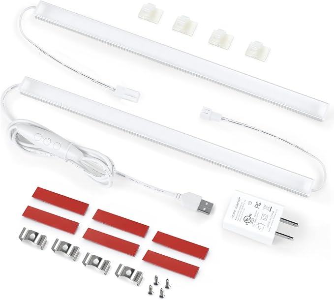 Litever Plug Under Cabinet Light Kit with Power Adapter, Dimmer, 2 pcs 12 Inch USB LED Light Bars. Dimmable Linkable for Kitchen Counter, Workbench, Coffee Station, Workspace, Closet. Warm White 3000K