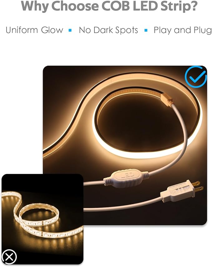 Waterproof COB Led Rope Lights Outdoor 200FT IP67 Warm White 3000K AC 110~120V Flexible Led Light Strip for Outside 288Leds/M High Density Uniform COB Light LED Strip Plug in 60M