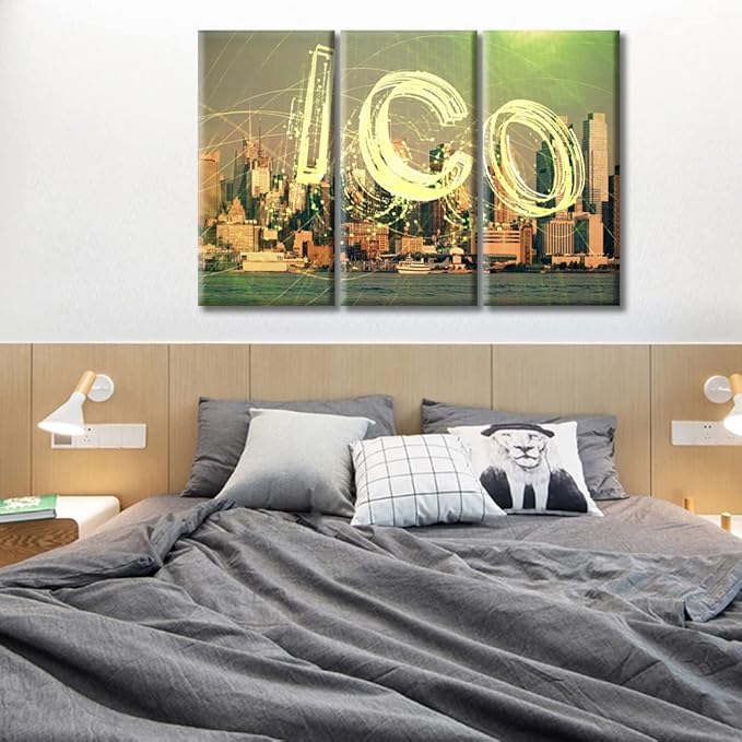 Concept of Blockchain and Bitcoin Pictures Home Decor 3 Panels Crypto Currency City Veiw Background Canvas Wall Art for Bedroom, Living Room, Office. Print on Canvas Framed Ready to Hang (60"Wx40"H)