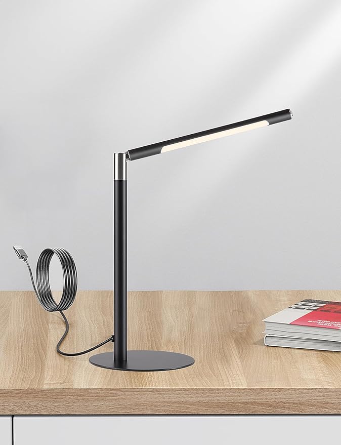 LED Desk Lamp, Home Office Eye Lamp, 3 Modes, Infinitely Adjustable Brightness, Metal, Multi-Angle Adjustment, Detachable Desk Lamp with USB (Black)