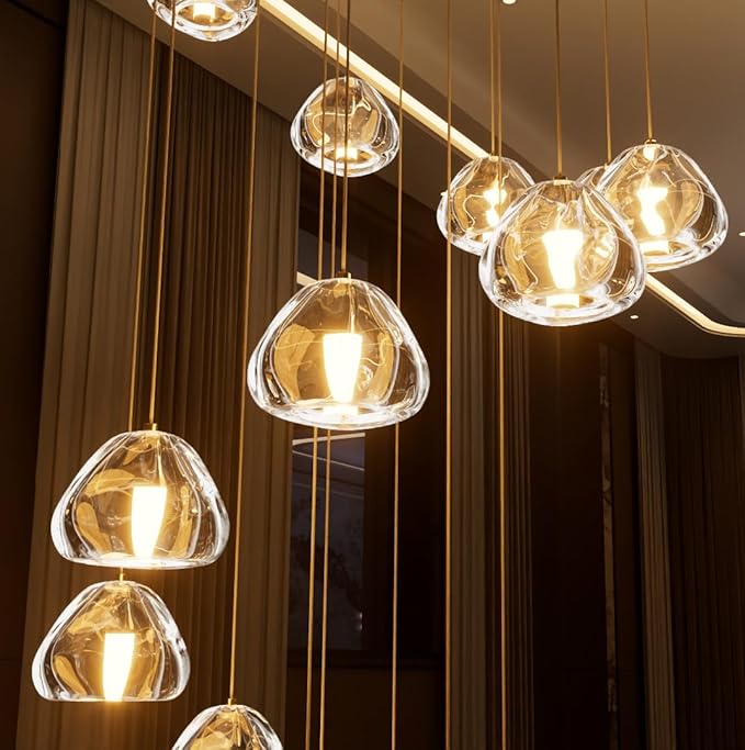 Glam Chandelier with LED Dimmable Bulbs Bubble Crystal Balls Glam Chandeliers High Ceiling Pendants Light Fixtures Adjustable Long Lights Gold Light
